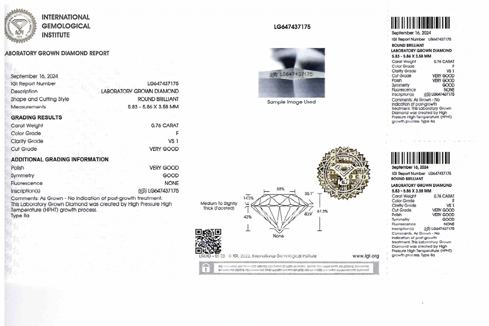 Лабораторно-выращенный бриллиант Кр-57 5.83-5.86 мм F/VS1 0.76 ct