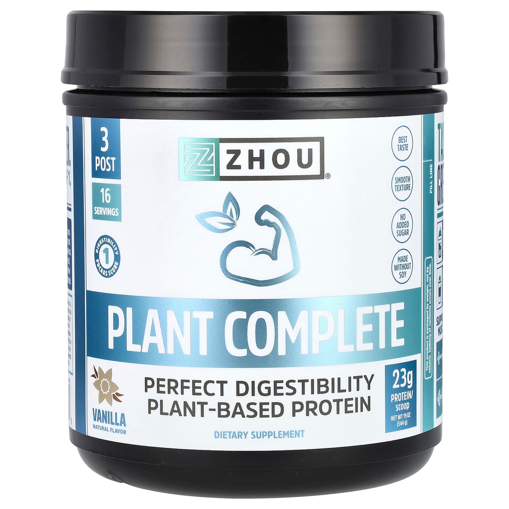 Zhou Nutrition, Plant Complete, отличная усвояемость, растительный протеин, ваниль, 544 г (19 унций)