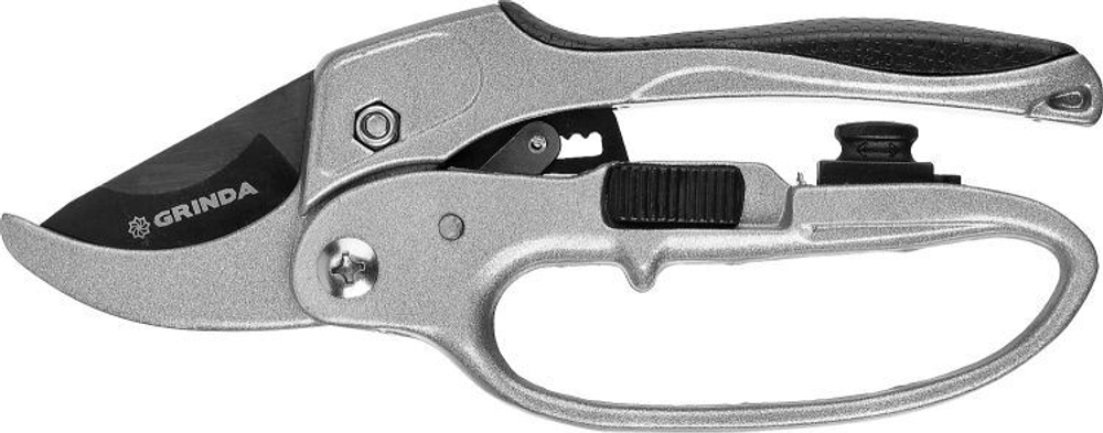 Секатор контактный GRINDA G-15 алюминиевые ручки храповый механизм с эфесом, округлые лезвия, 200мм