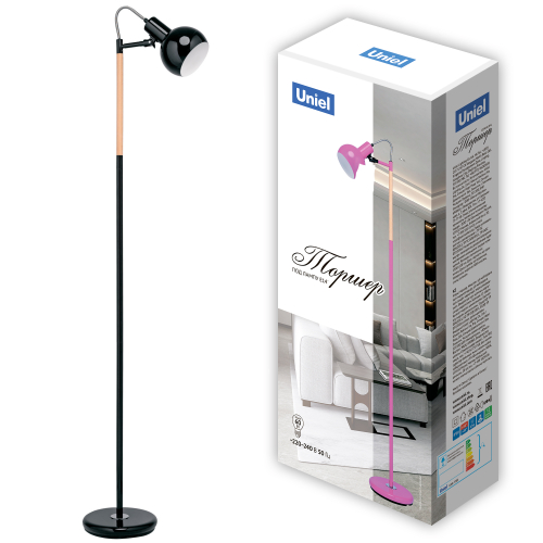 UML-T702 E14 BLACK Торшер напольный под лампу Е14, 60W, с регулировкой наклона. Механический выключатель. Черный. ТМ Uniel