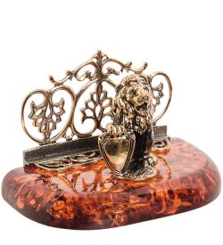 Народные промыслы AM-1514 Фигурка «Визитница Лев со щитом» (латунь, янтарь)