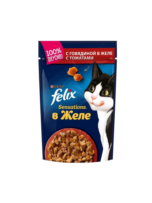 Влажный корм Felix Sensations для кошек, говядина в желе с томатом, 85 г
