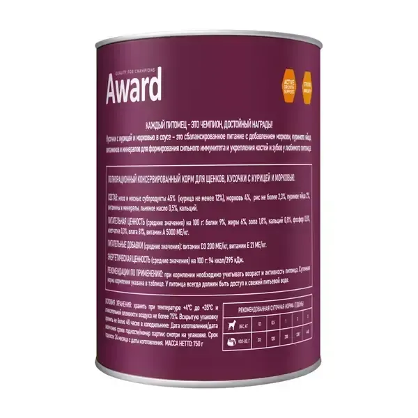 Уценка! Срок 04.12.2025/ Консервы AWARD для щенков, кусочки с курицей и морковью