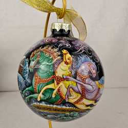 Шар новогодний (круговая роспись Палех) "Зимняя тройка" в коробке