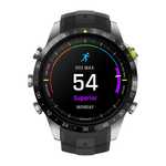 Спортивные часы Garmin MARQ Athlete (Gen 2), чёрный силиконовый ремешок Безель и корпус из титана, AMOLED-дисплей с куполообразным сапфировым стеклом. Ремешок с классической застёжкой — на запястье обхватом 135–213 мм