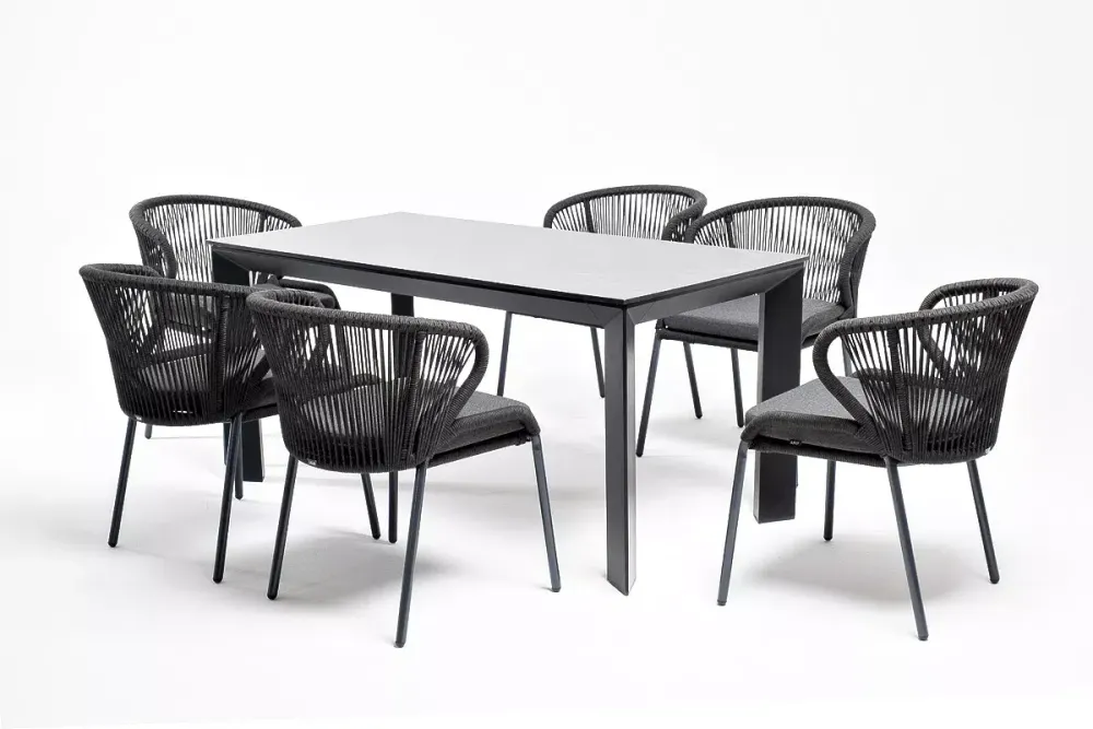 "Венето" обеденная группа на 6 персон со стульями "Милан", каркас темно-серый, роуп темно-серый
