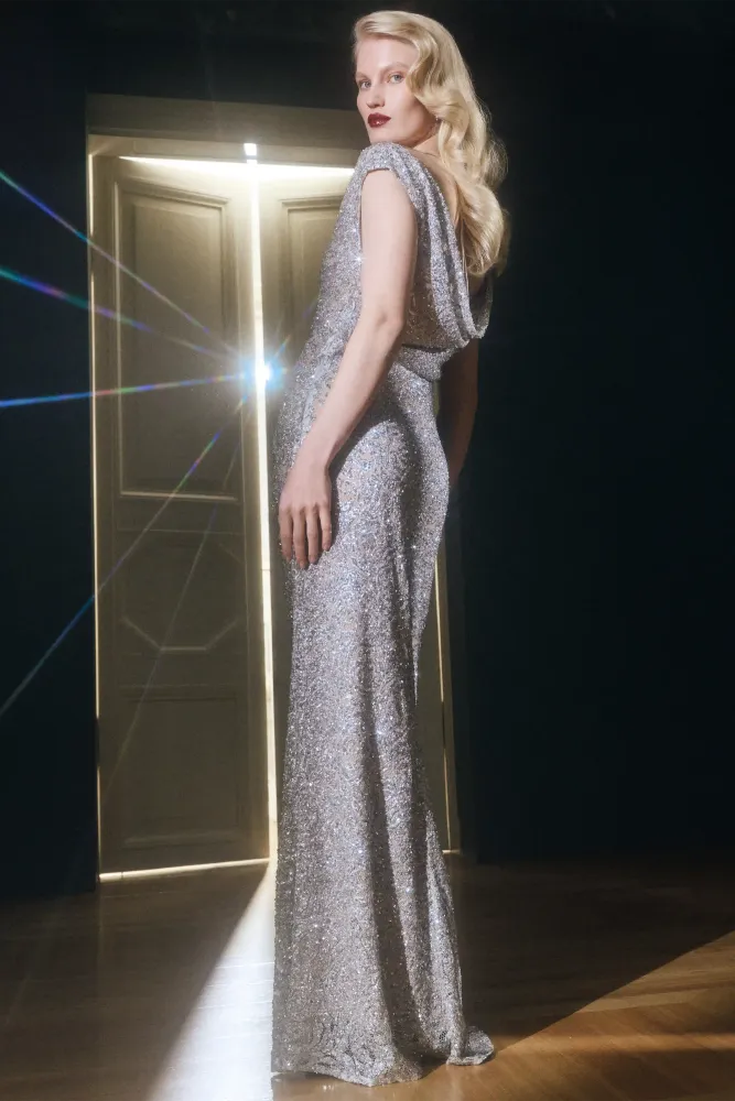 Lucy maxi, платье макси из серого кружева с пайетками