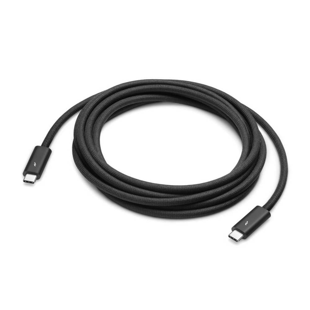 Кабель с оплёткой Apple Thunderbolt 4 Pro (3 м) Активный кабель. Поддерживаемая мощность — до 100 Вт, скорость передачи данных — до 40 Гбит/с. Есть поддержка DP (HBR3)