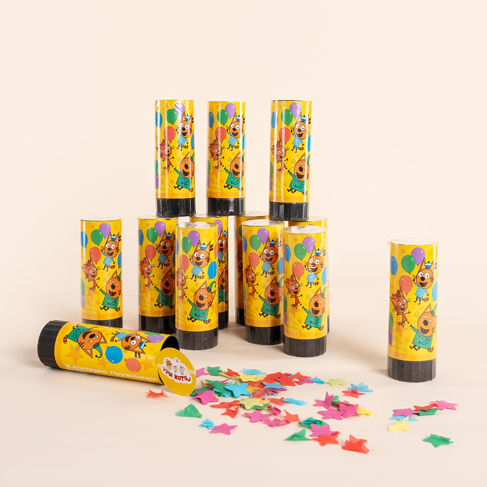 Пружинная хлопушка «Три кота» с тишью в форме звезд, 10 см.