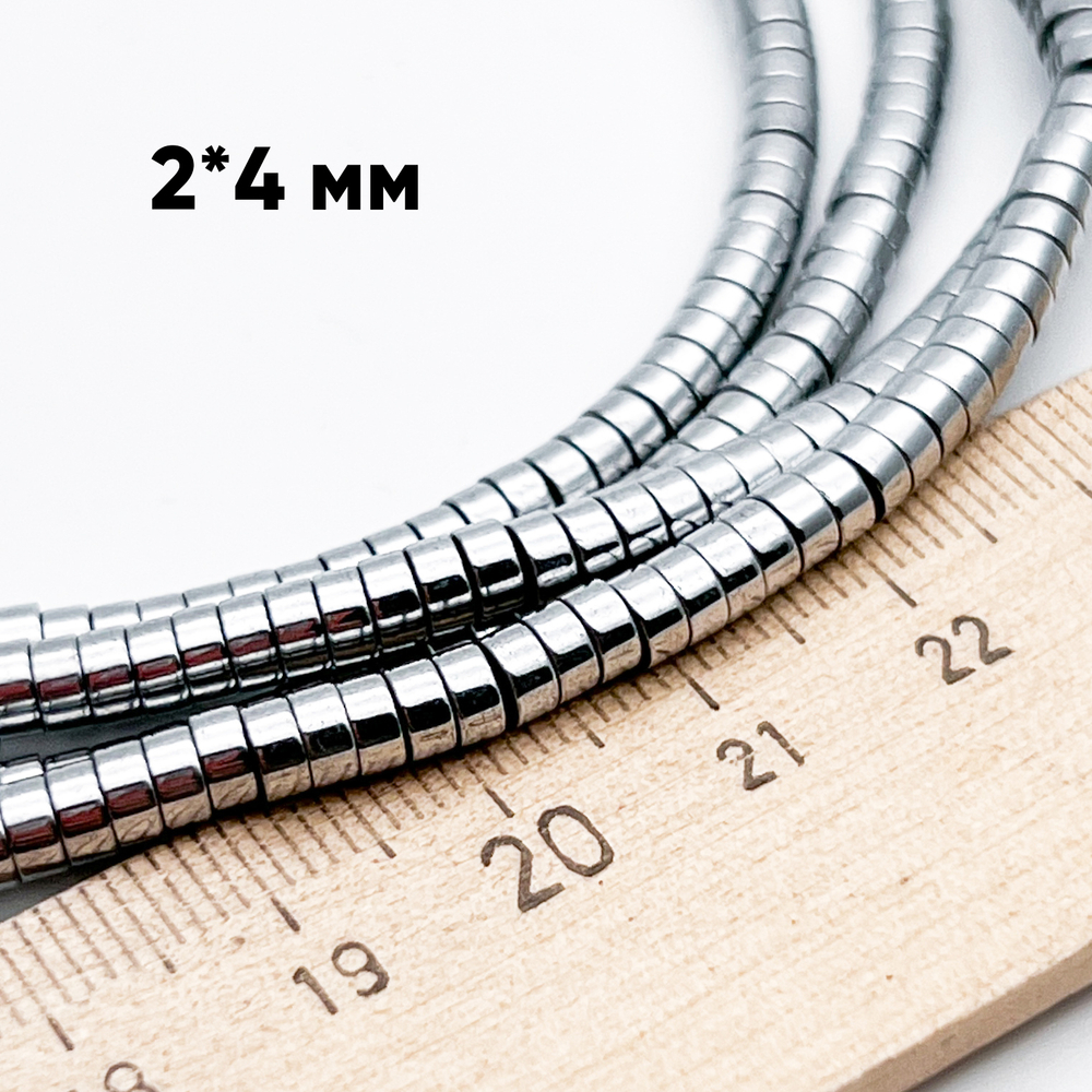 Гематит Рондель бусины (имитация), цвет серебристый, размер около 2*4 мм, цена за отрезок 19 см (1/2 нити)
