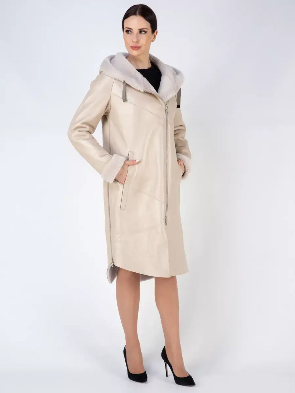 Дубленка зима натуральная удлиненная с капюшоном