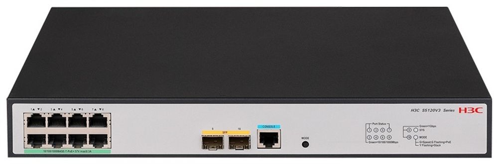 КОММУТАТОР H3C LS-1850V2-10P-HPWR-EI-GL УПРАВЛЯЕМЫЙ L2, 8 ПОРТОВ 10/100/1000M (POE 125ВТ, 802.3AF/AT), 2 ПОРТА 1000M SFP, AC 100~240 В, -10°C ~ +55