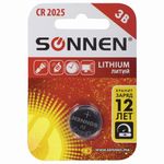 Батарейка литиевая SONNEN Lithium CR2025 "таблетка, дисковая, кнопочная" 1 шт., блистер, 451973
