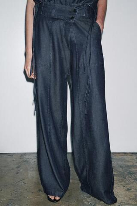 ZARA ДЖИНСОВЫЕ БРЮКИ С ПЕРЕКРЕСТНОЙ ЗАСТЕЖКОЙ — ZW COLLECTION, СИНИЙ