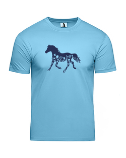 Футболка с лошадью и цветами unisex голубая с синим рисунком