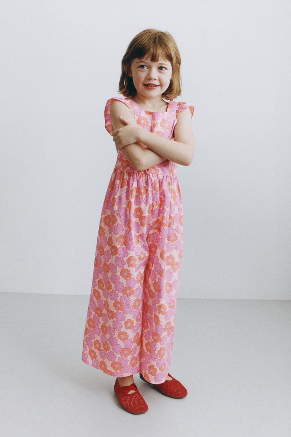 ZARA ДЛИННЫЙ КОМБИНЕЗОН С ЦВЕТОЧНЫМ ПРИНТОМ, ОРАНЖЕВЫЙ