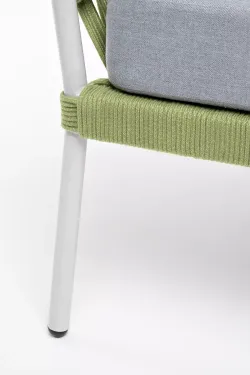 "Диего" кресло плетеное из роупа, каркас алюминий светло-серый (RAL7035) муар, роуп салатовый меланж круглый, ткань светло-серая