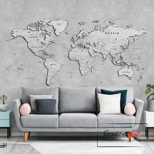 Фотообои карта мира бетон лофт "Карта мира" 315см x 270см флизелин премиум моющиеся GradientArt WM2W315270LG