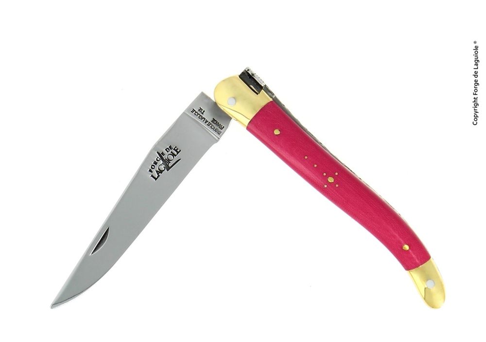 Folding knife, 11 cm blade, 2 brass bolsters, shiny finish, Pink compressed Fabric handle