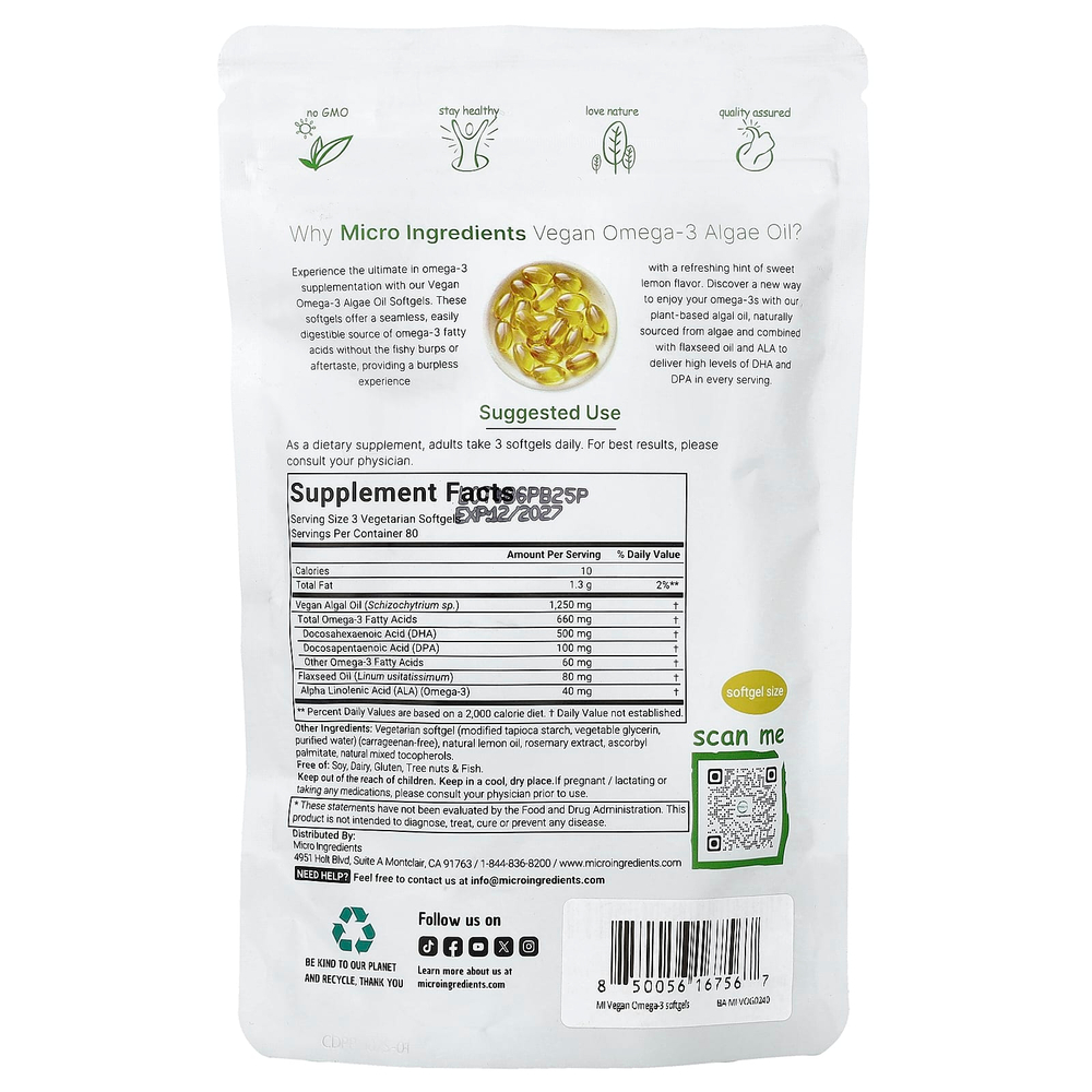 Micro Ingredients, веганское масло из водорослей с омега-3, лимон, 240 вегетарианских капсул