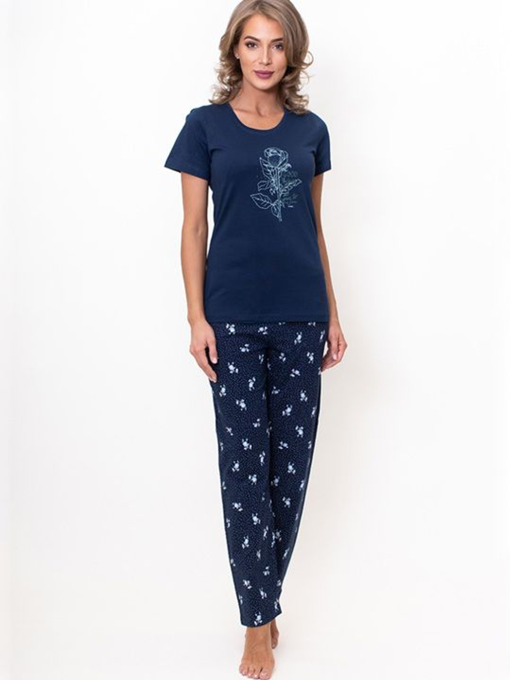 Женская пижама с футболкой и брюками (Размер: S) (Цвет: темно-синий)