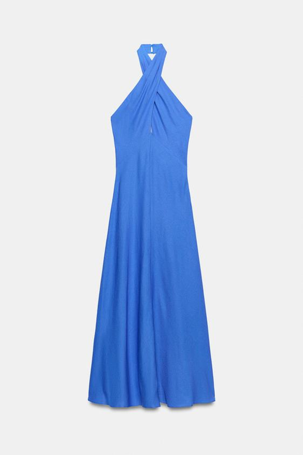 ZARA ЛЬНЯНОЕ ПЛАТЬЕ МИДИ С ГОРЛОВИНОЙ ХАЛТЕР, СИНИЙ