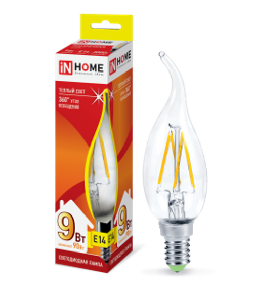 Лампа светодиодная LED-СВЕЧА НА ВЕТРУ-deco 9Вт 230В Е14 3000К ТЕПЛЫЙ 1040Лм прозрачная IN HOME