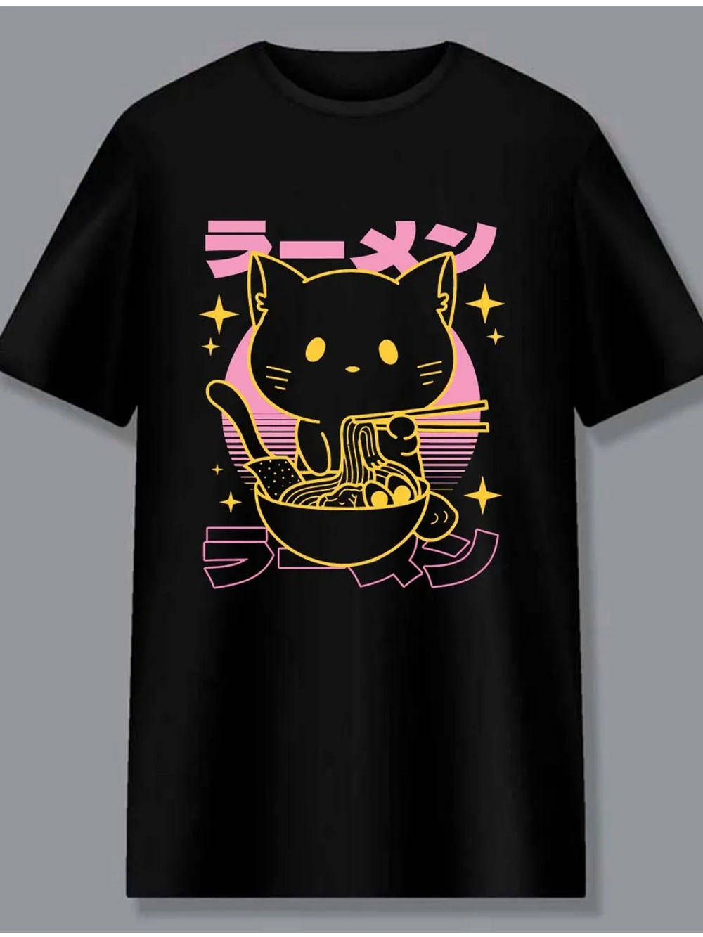 Футболка черная Y2K оверсайз кот ест лапшу