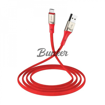 Кабель USB-micro-USB Borofone BU7, серебро металл штекер, 1,2м, плоский красный нейлон, 2.4А