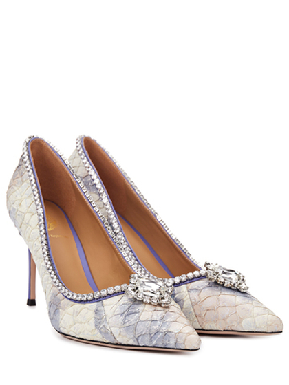 Женские туфли из кожи бело-фиолетовые с камнем