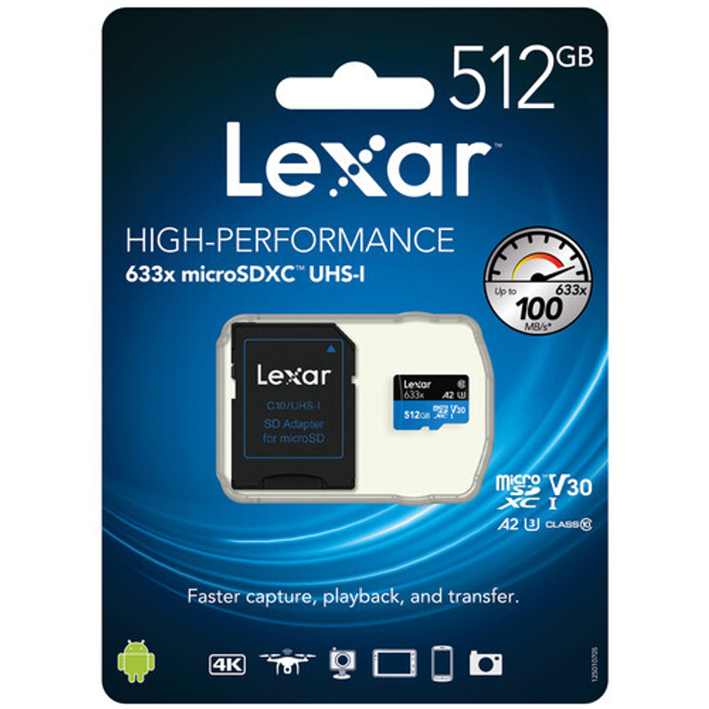 Lexar High-Performance 633x microSDXC 512 ГБ UHS-I W/R 100/45 C10 A1 V30 U3 с адаптером