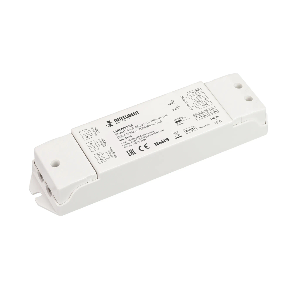 INTELLIGENT ARLIGHT Конвертер SMART-0-10V-302-72-SH-DRI-PD-SUF (230V, 2x20mA, TUYA Wi-Fi, 2.4G) (IARL, IP20 Пластик, 5 лет) 038156