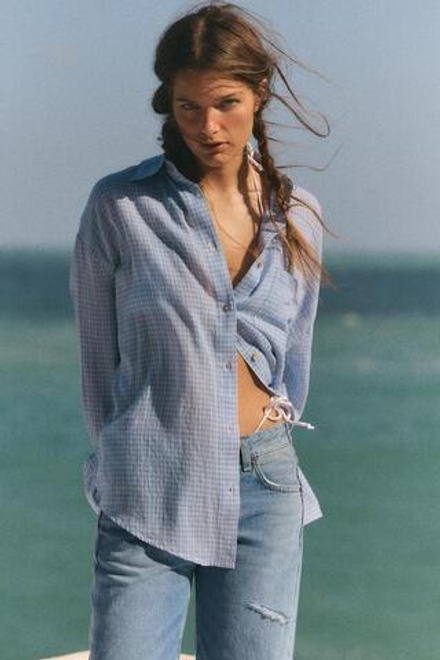 ZARA РУБАШКА ОВЕРСАЙЗ С КАРМАНОМ, ЭКРЮ/СИНИЙ