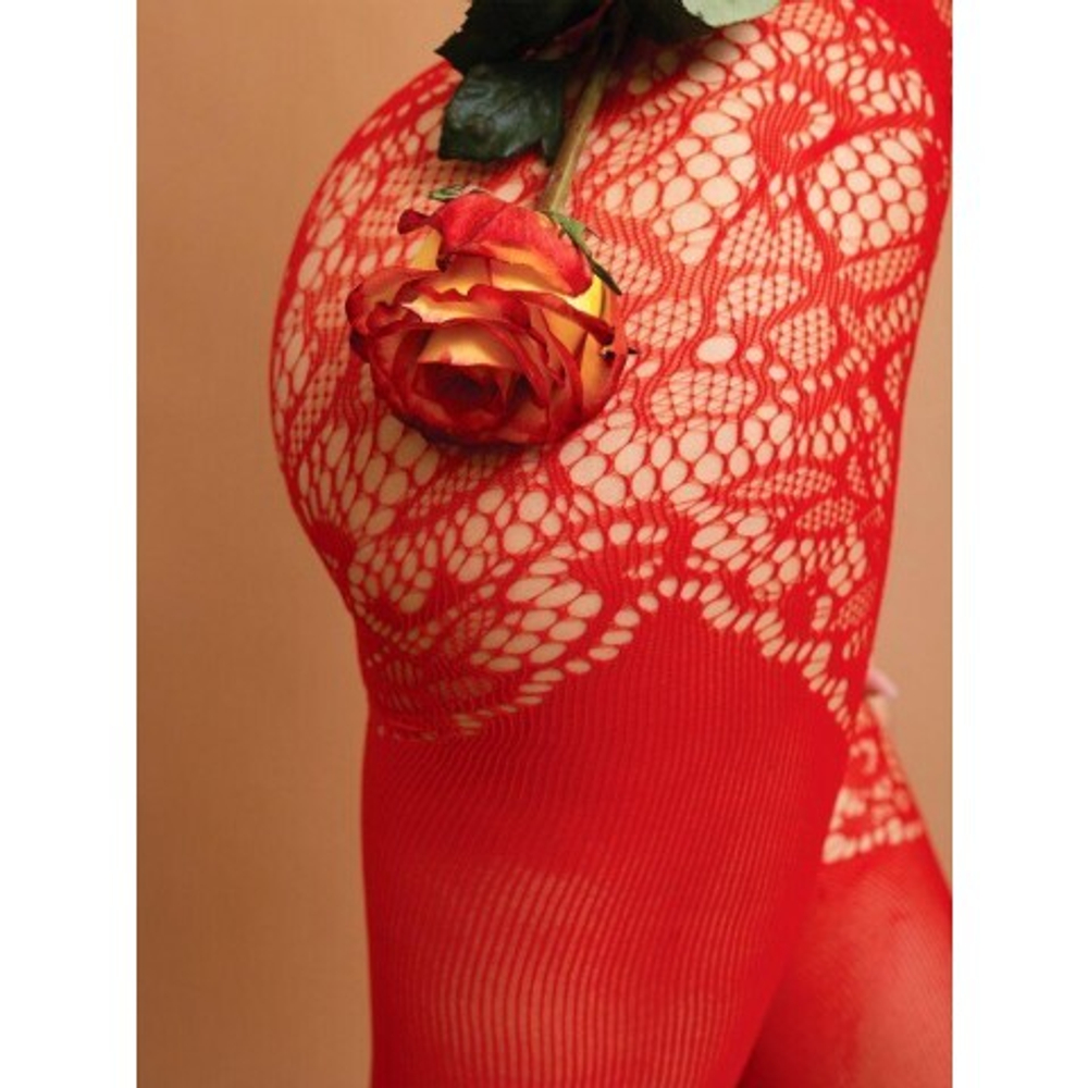Красный боди-комбинезон с вырезом на груди и кружевом (IMPULSE) (S/XXL)