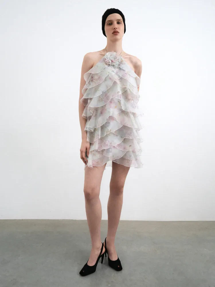 Далия мини (Dahlia mini), платье мини из голубой органзы с цветочным принтом 