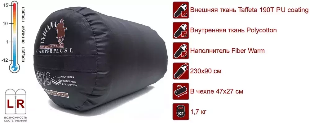 Спальный мешок одеяло с подголовн. INDIANA CAMPER PLUS 195+35х90 (-12) R-zip