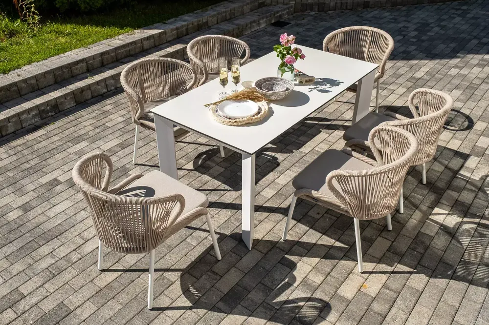 "Венето" обеденная группа на 6 персон со стульями "Милан", каркас белый, роуп бежевый
