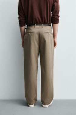 ZARA БРЮКИ ЧИНОС RELAXED FIT СО СКЛАДКАМИ, БЕЖЕВЫЙ