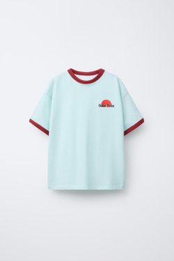 ZARA ФУТБОЛКА С ВЫШИВКОЙ И КОНТРАСТНОЙ ОТДЕЛКОЙ, НЕБЕСНО-ГОЛУБОЙ