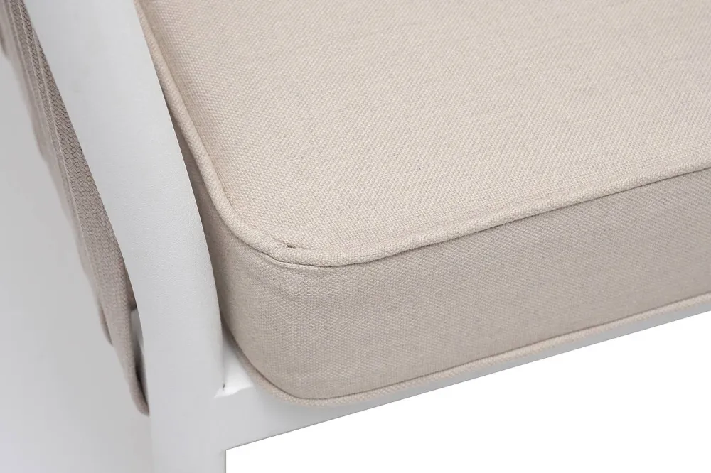 "Касабланка" диван 2-местный плетеный из роупа, каркас алюминий белый муар, роуп бежевый 20мм, ткань бежевая 15052