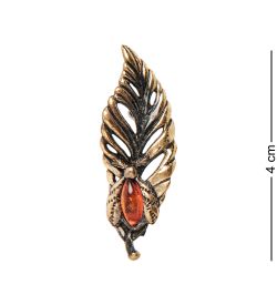 AM-2353 Брошь «Листик с божьей коровкой» (латунь, янтарь)