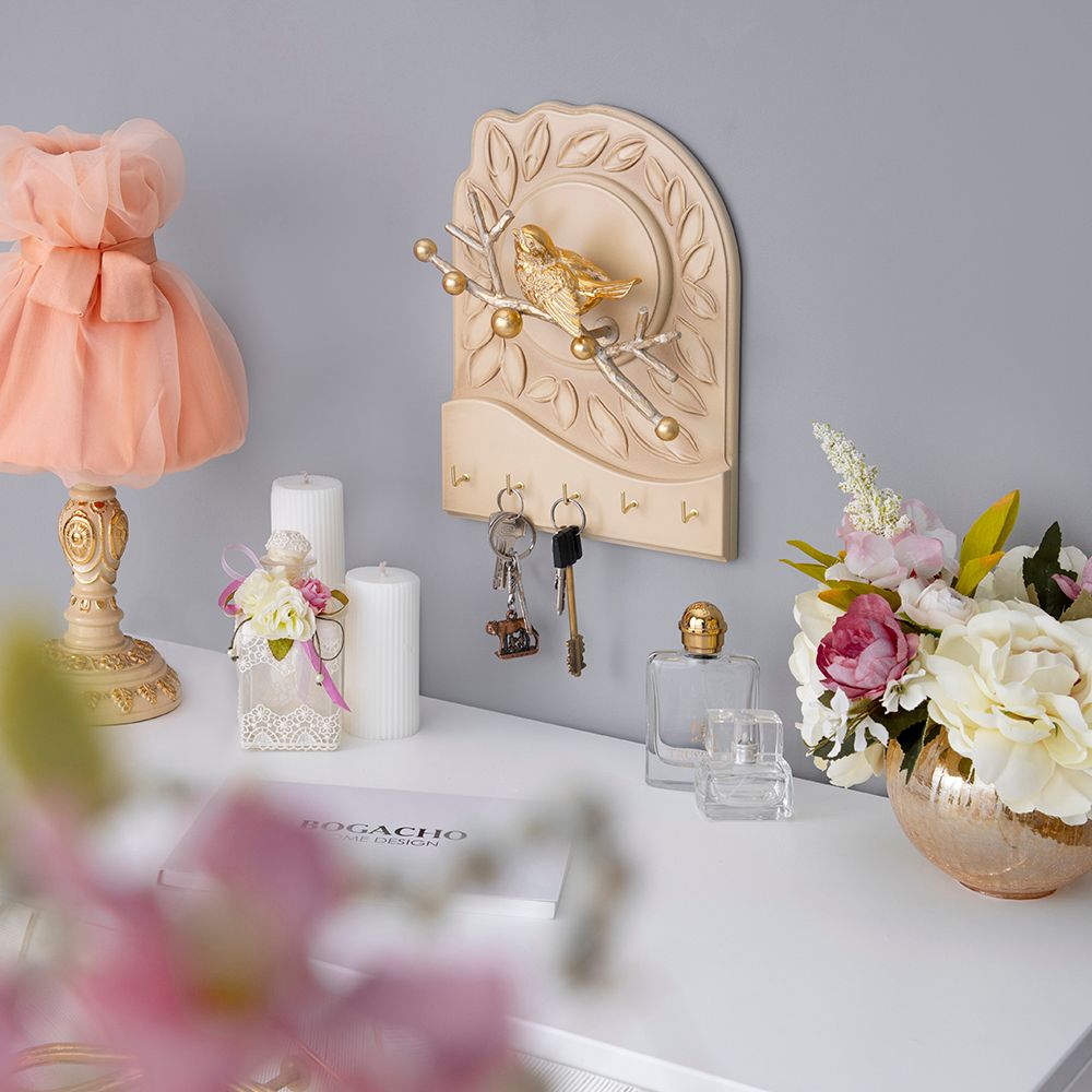 Полка - ключница Птичка Терра (мини) Айвори Мраморное золото