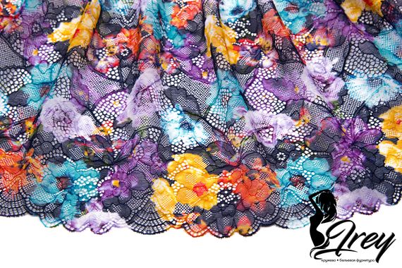 03-234 Кружево эластичное 22 см, garden, черный/фиолет/лиловый/голубой