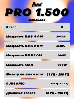 Усилитель звука автомобильный моноблок PRO 1.500