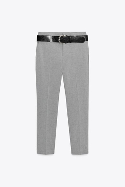 ZARA БРЮКИ СУЖЕННЫЕ С ПОЯСОМ, СЕРЫЙ