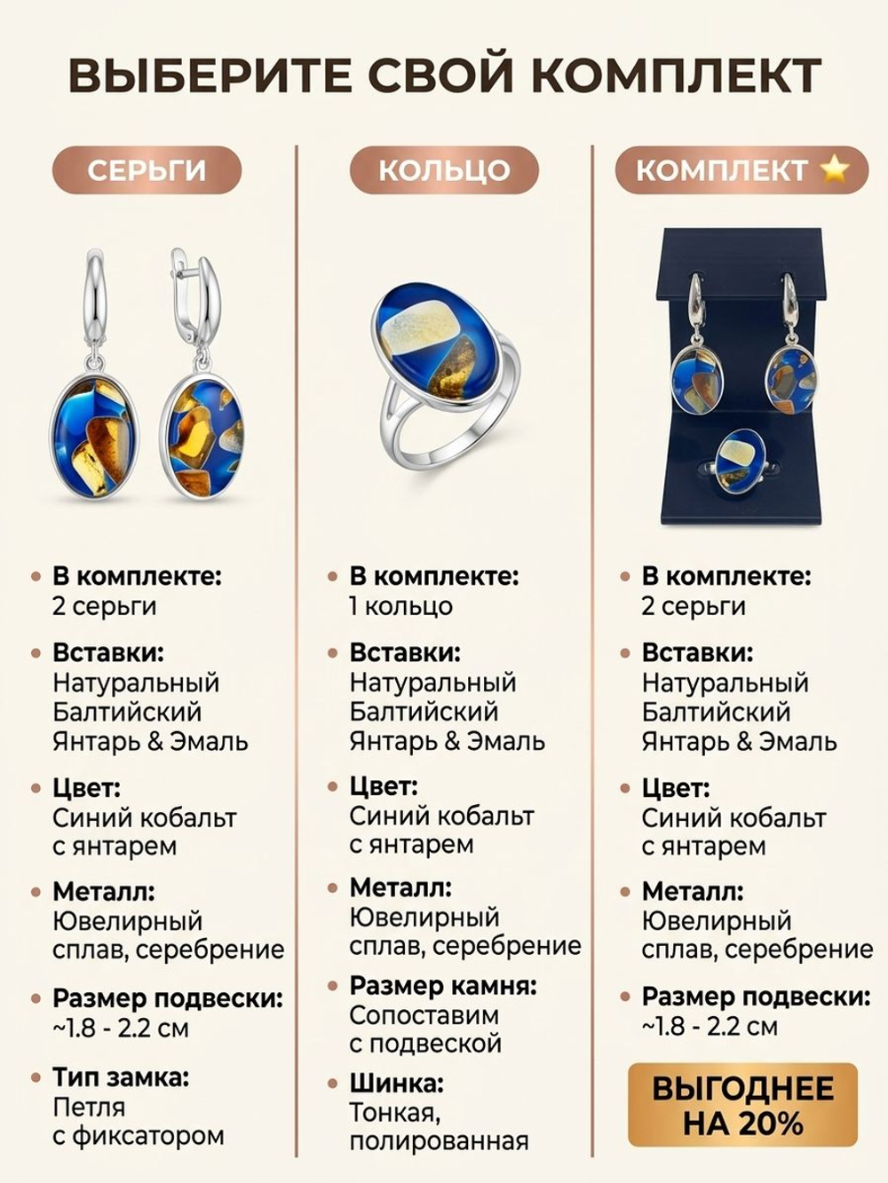 Комплект украшений с янтарем сердце пеструха синяя