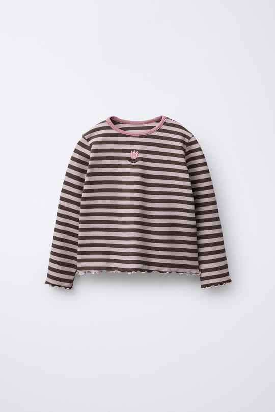 ZARA ЛОНГСЛИВ В ПОЛОСКУ С БЛЕСТЯЩИМ ПРИНТОМ И ВЫШИВКОЙ, МЯГКИЙ РОЗОВЫЙ