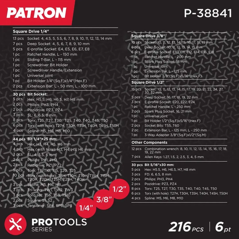 Набор инструментов 216пр. 1/4''3/8''1/2''(6гр.)(4-32мм) PATRON P-38841