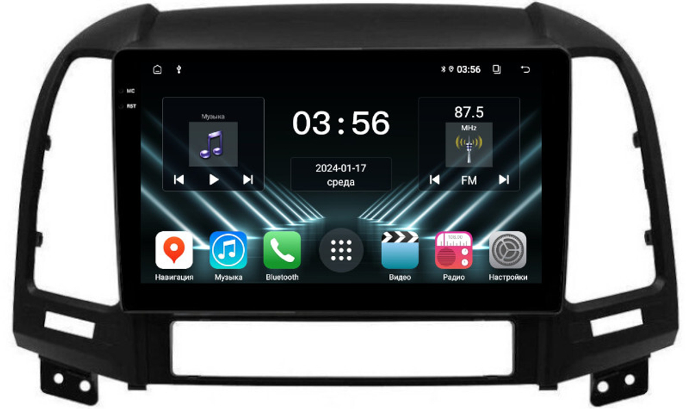 Магнитола для Hyundai Santa Fe 2 CM 2006-2012 (рамка черная) - FarCar DX008M монитор 9.5" IPS на Android 13, 4+64Гб, CarPlay