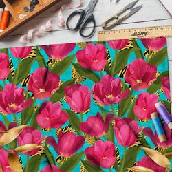 Ткань блэкаут яркие тюльпаны на бирюзовом фоне